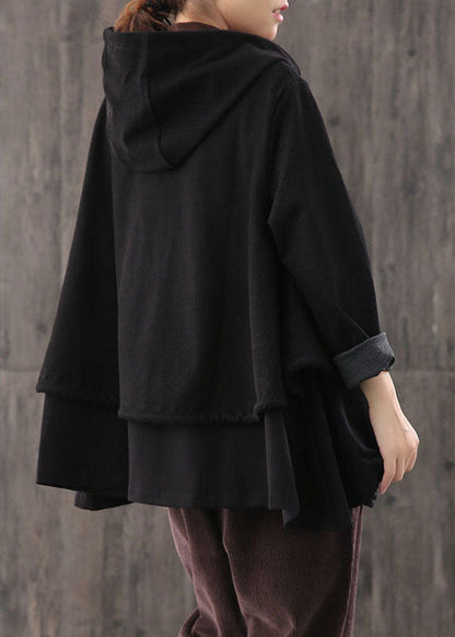 Handmade Black Drawstring Patchwork Striped Coat Fall