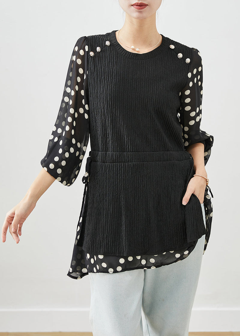 Black Cinched Patchwork Fake Two Piece Shirt Top Fall