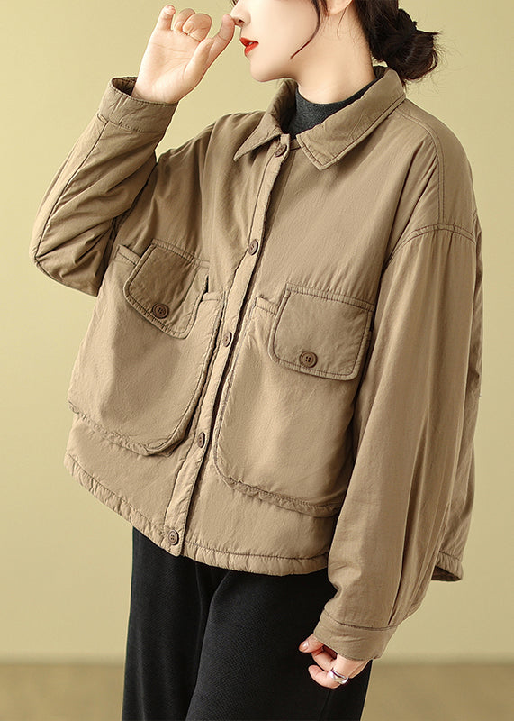 Army Green Peter Pan Collar Pockets Fine Cotton Filled Jacket Winter