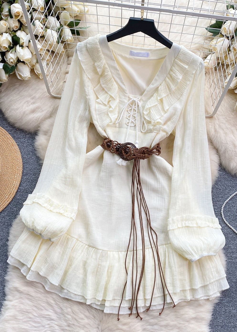 White Ruffled Lace Up Cotton Mid Dress Long Sleeve Spring