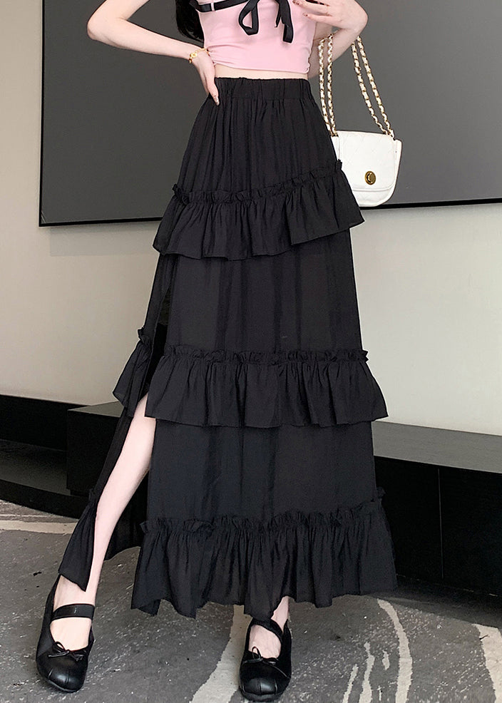 New Black Ruffled Elastic Waist Cotton Skirt Summer