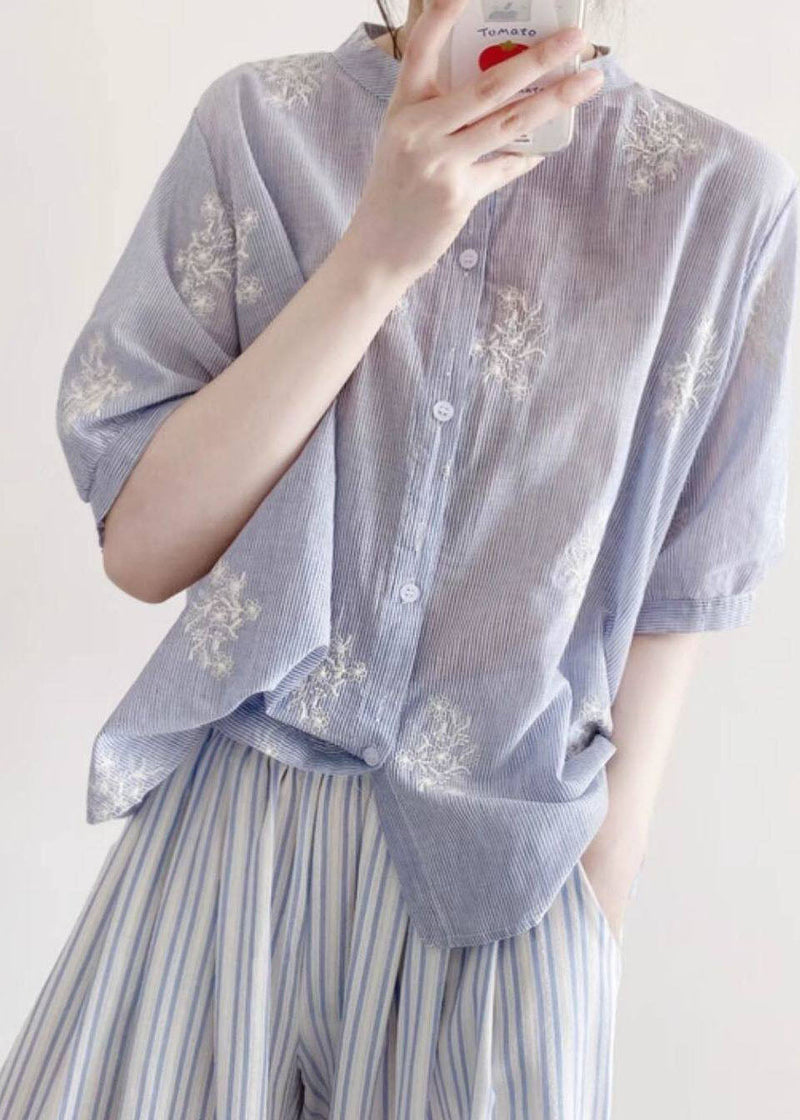 Blue Embroidered Striped Cotton Top Half Sleeve