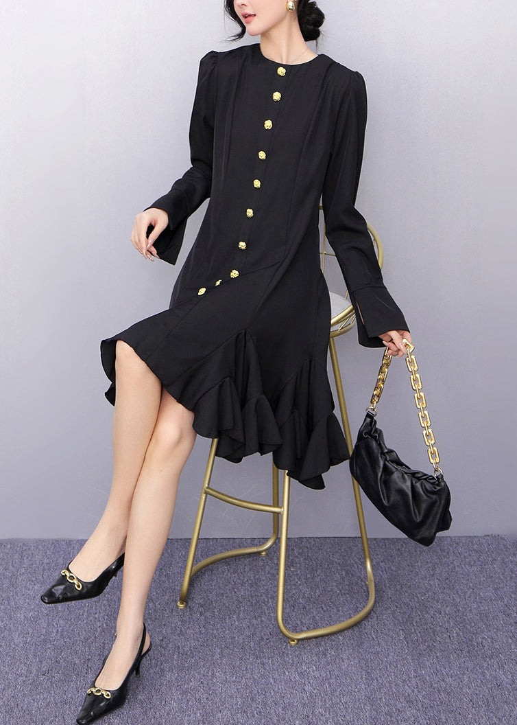 Original Black O-neck Button Long Dresses Flare Sleeve Spring