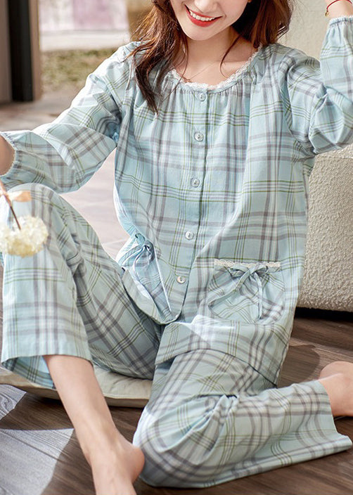 Peter Pan Collar Plaid Bow Cotton Pajamas Two Pieces Set Fall