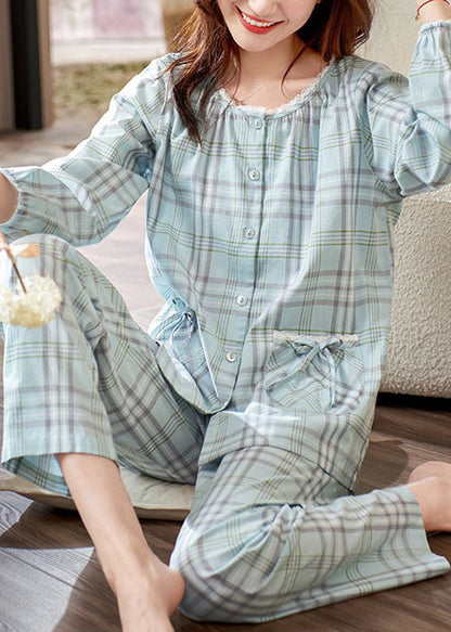 Peter Pan Collar Plaid Bow Cotton Pajamas Two Pieces Set Fall