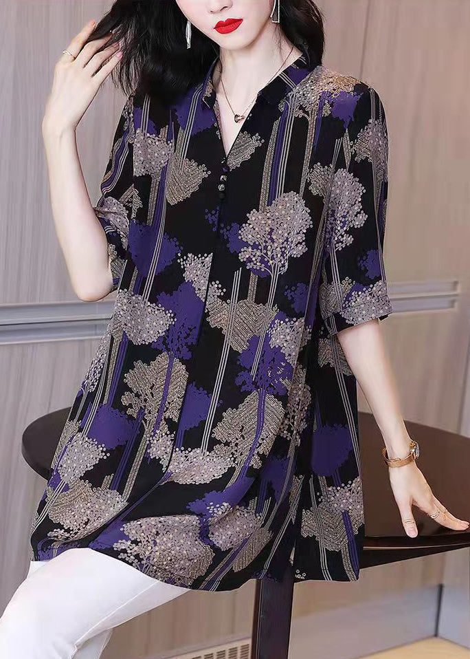 Black Button Peter Pan Collar Print Chiffon Shirt Tops Half Sleeve