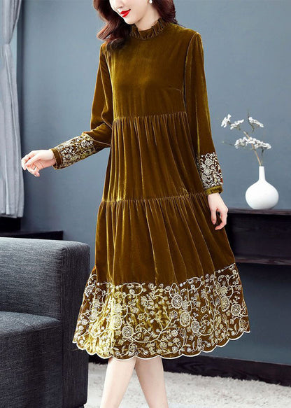 Yellow Ruffled Patchwork Print Velour Dress Spring