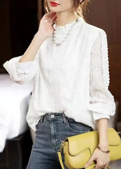 White Ruffled Hollow Out Patchwork Lace Top Fall