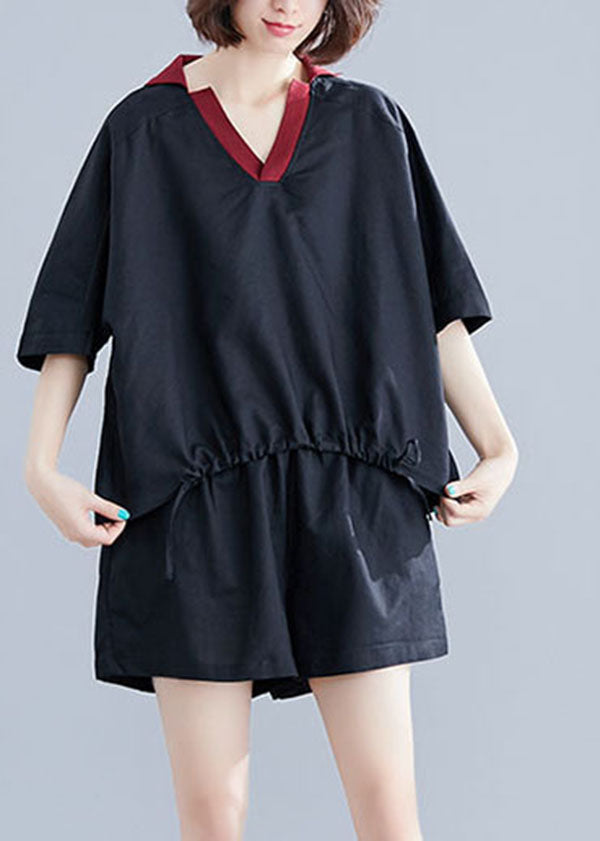 Black Cotton Two Piece Set Clothing V Neck Drawstring Summer