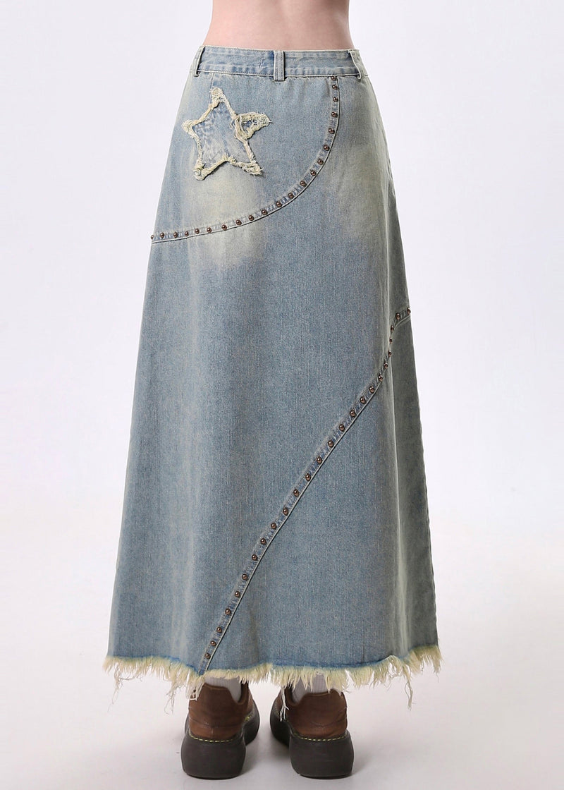 Blue Tasseled Patchwork Rivet Denim a Line Skirt Spring
