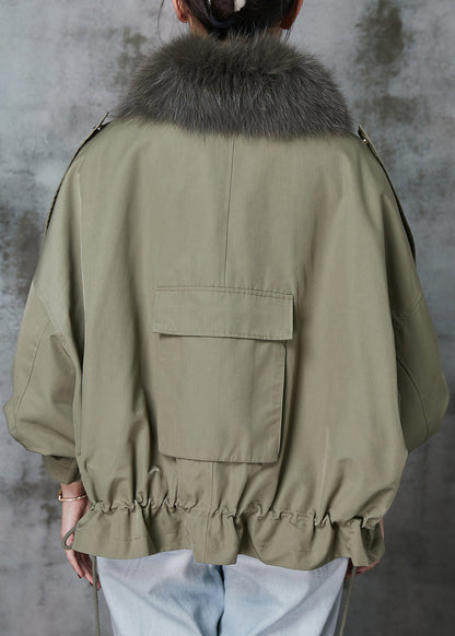 Green Fox Collar Fuzzy Rabbit Hair Lined Drawstring Coats Spring