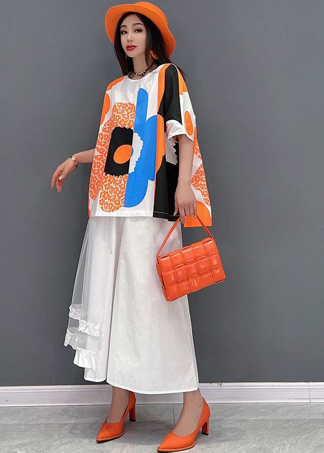 French Orange Print Tulle Patchwork Cotton Tanks and a Line Skirts Two Pieces Set Summer