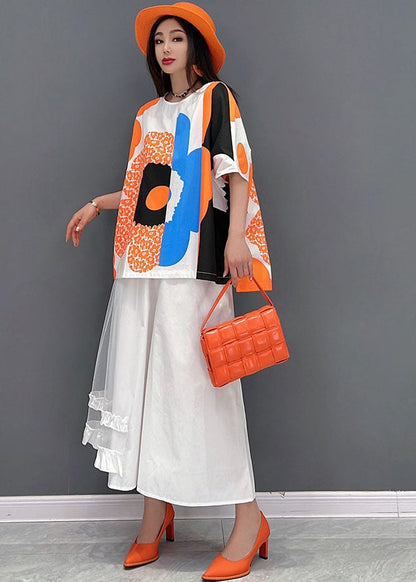 French Orange Print Tulle Patchwork Cotton Tanks and a Line Skirts Two Pieces Set Summer