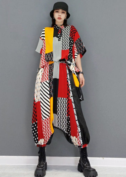 Colorblock Patchwork Print Tops and Harem Pants Two Piece Outfit Summer