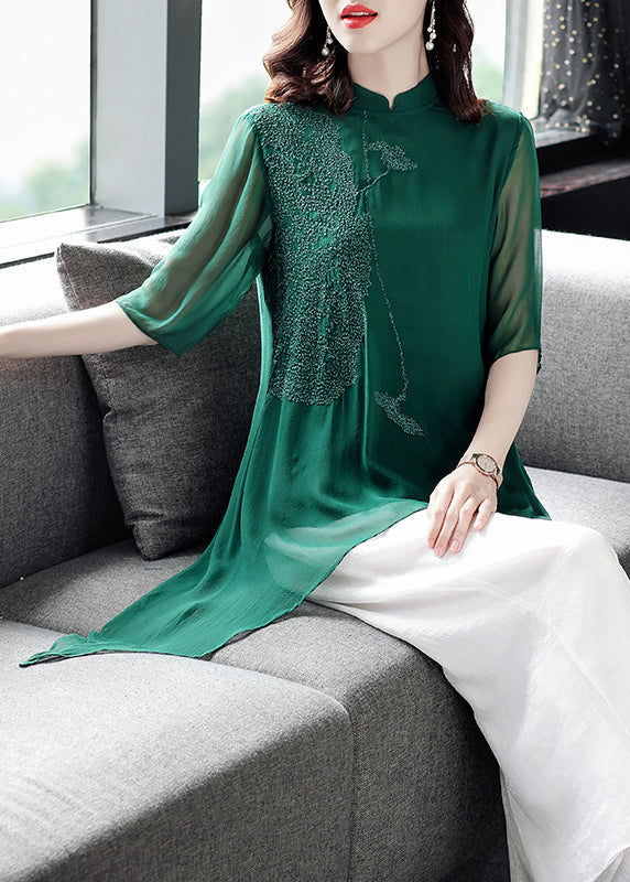 Blackish Green Stand Collar Silk Top and Crop Pantstwo Pieces Set Fall