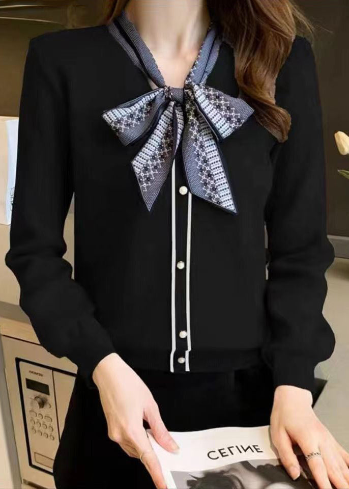 Grey Lace Up Button Patchwork Knit Sweaters Long Sleeve
