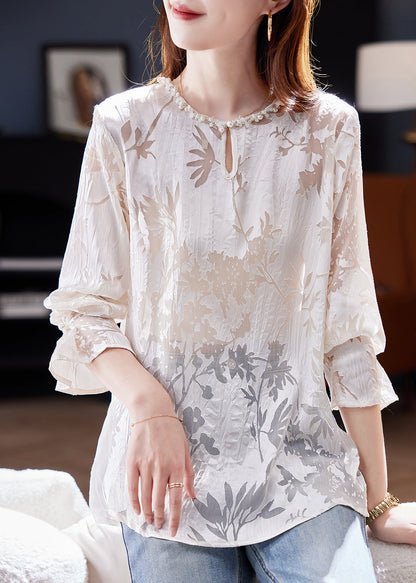 Apricot O-neck Nail Bead Hollow Out Chiffon Shirt Long Sleeve