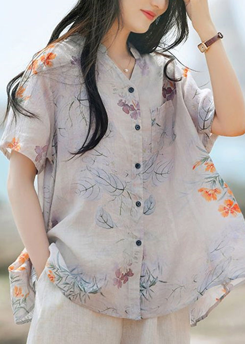 Purple Print Button Patchwork Linen Blouse Tops Summer