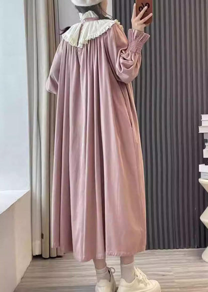 Pink Ruffled Patchwork Cotton Long Dresses Spring