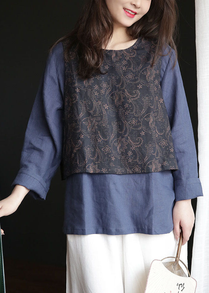 French Navy O-neck Patchwork Tie Waist Linen Fake Two Piece Shirt Tops Spring