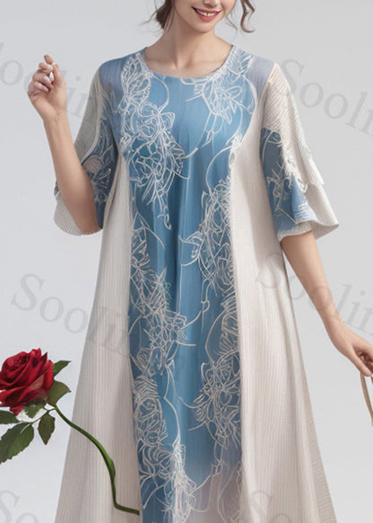 Colorblock O Neck Print Silk Long Dress Summer