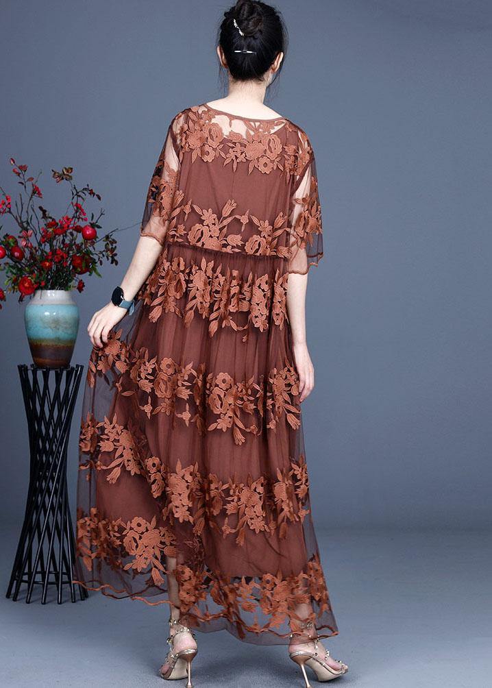 Chocolate Embroideried Summer Lace Summer Dresses Half Sleeve