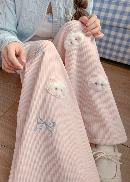Pink Embroidered Cat Decorated Warm Fleece Pants Winter