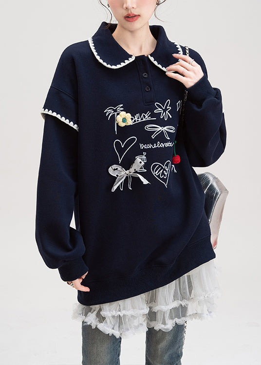 Loose Navy Button Print Cotton Pullover Fall