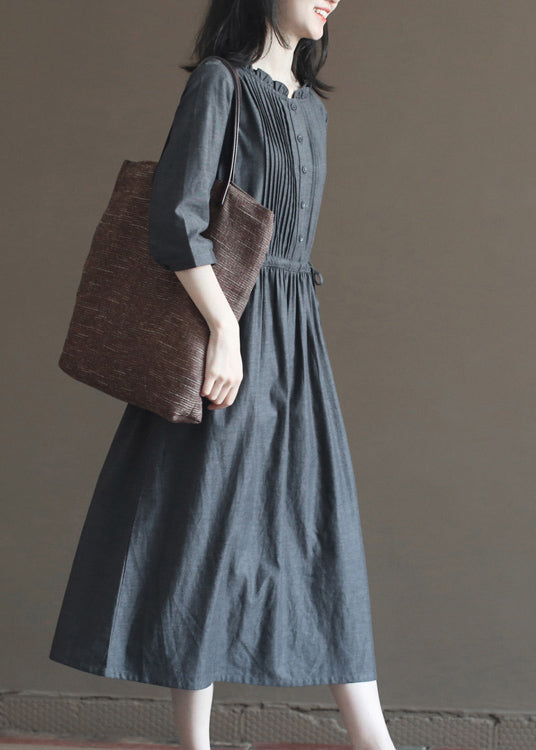 Grey Wrinkled Drawstring Ruffled Linen Dresses Bracelet Sleeve