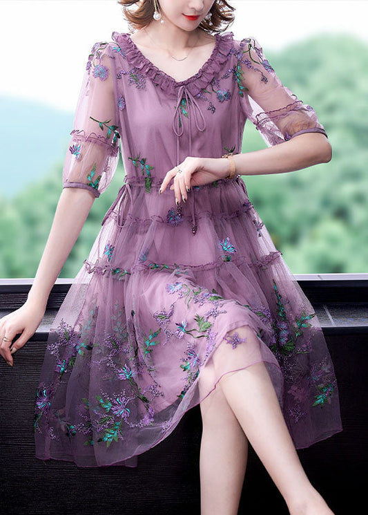 Purple Embroideried Tulle Holiday Dress Short Sleeve