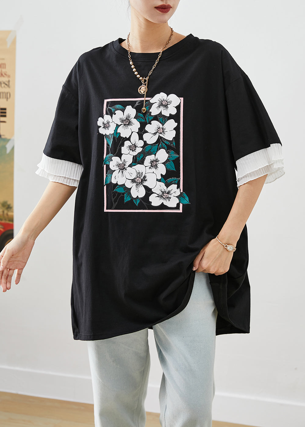 Black Ruffled Patchwork Print Cotton Tanks Summer