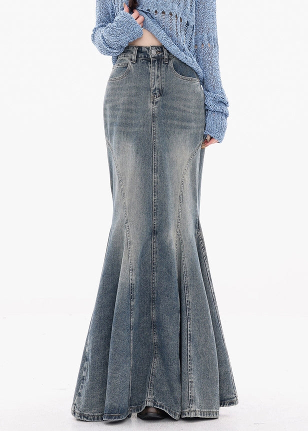 Blue Button Original Design Fishtail Denim Skirts High Waist Fall