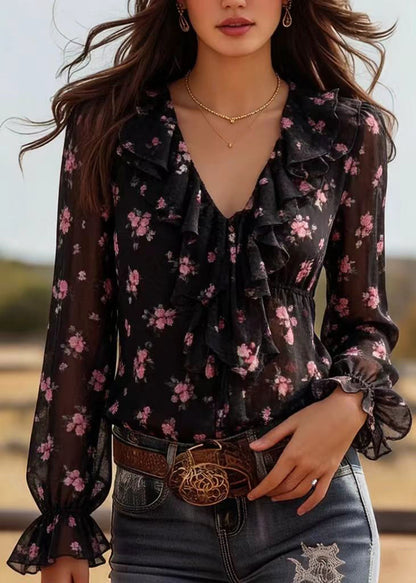 Black Ruffled Print Chiffon Top Spring