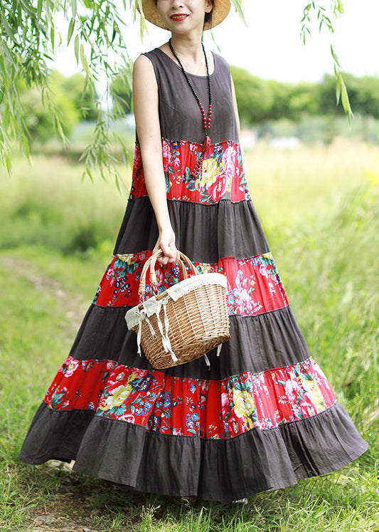 Grey O-neck Print Patchwork Vacation Dress Sleeveless