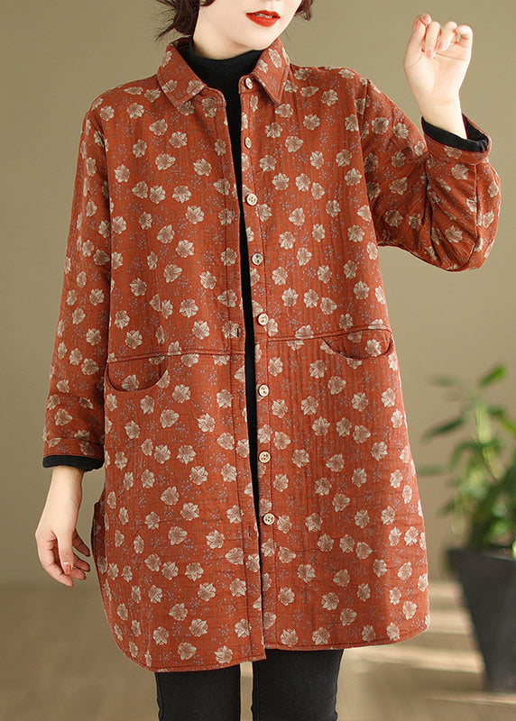 Purple Peter Pan Collar Pockets Print Warm Fleece Coat Winter