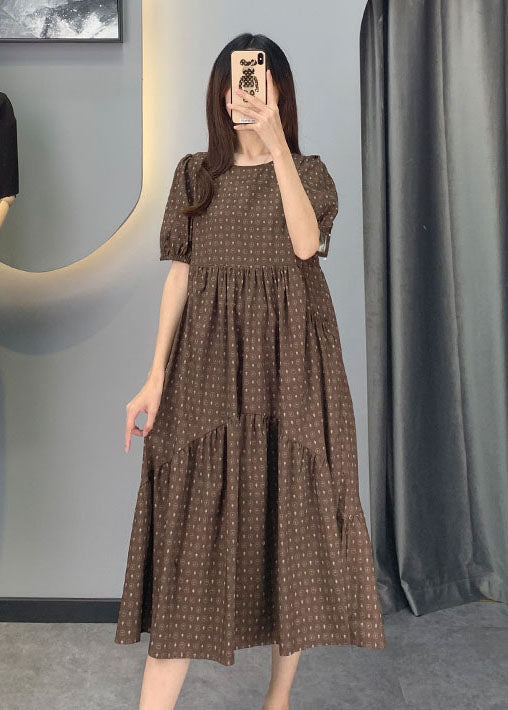 Khaki Puff Sleeve Patchwork Print Cotton Dresses
