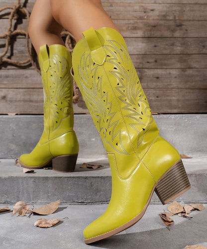 Stylish Yellow Hollow Out Chunky Boots Faux Leather