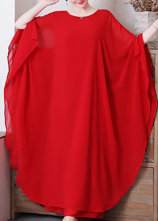 Red O-neck Chiffon Maxi Dress and Wide Leg Pants Two Pieces Set Long Sleeve
