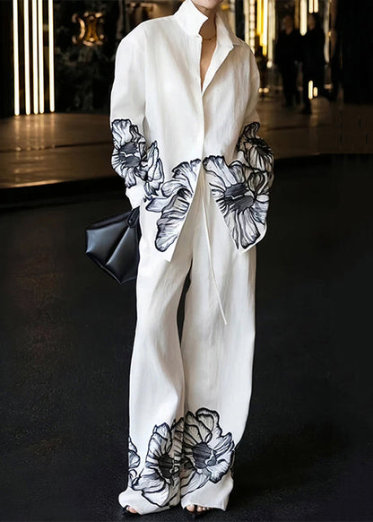 New White Peter Pan Collar Print Linen Two Piece Set Fall