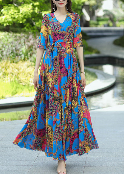 Blue V Neck Print Lace Up Chiffon Dress Summer