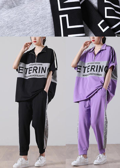Natural Light Purple Graphic Zippered Two Pieces Set Summer Cotton