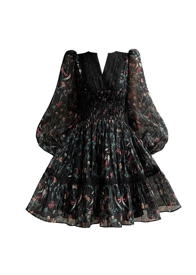 Black V Neck Print Lace Patchwork Chiffon Short Dress Long Sleeve Fall