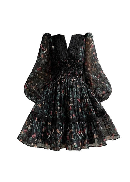 Black V Neck Print Lace Patchwork Chiffon Short Dress Long Sleeve Fall