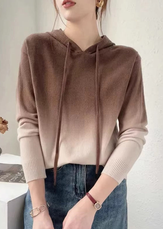 New Coffee Gradient Color Hooded Patchwork Wool Knit Sweaters Fall
