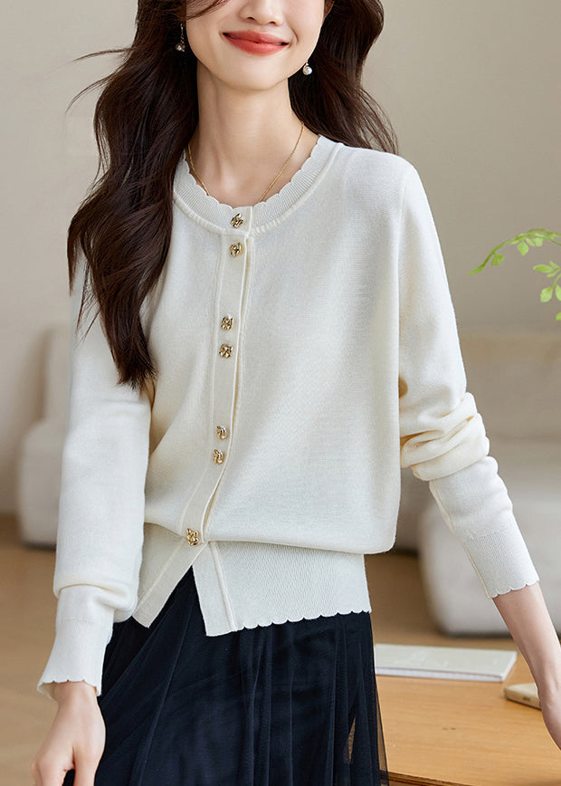 White Button Wool Knit Fall Coats O Neck