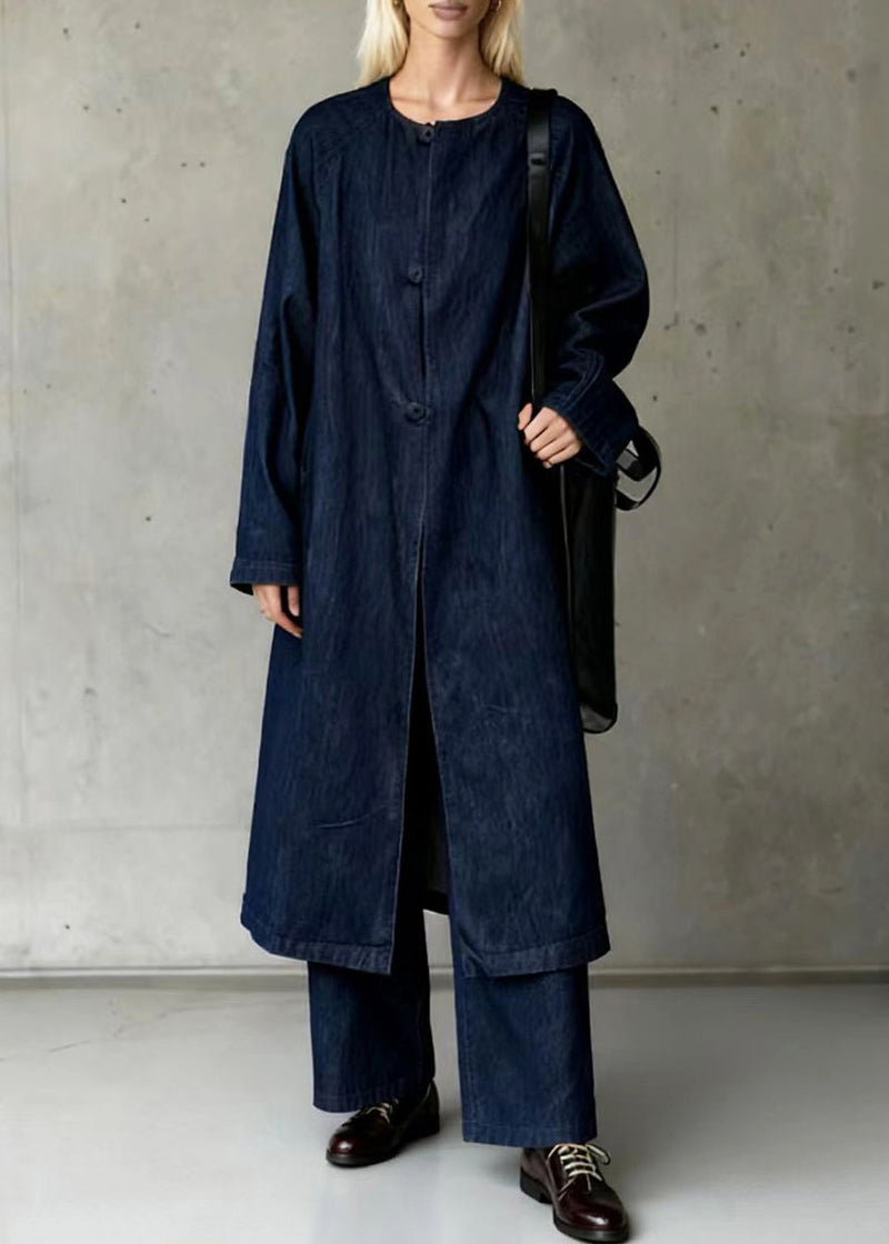 Navy Oversized Side Open Denim Two Piece Suit Set Spring