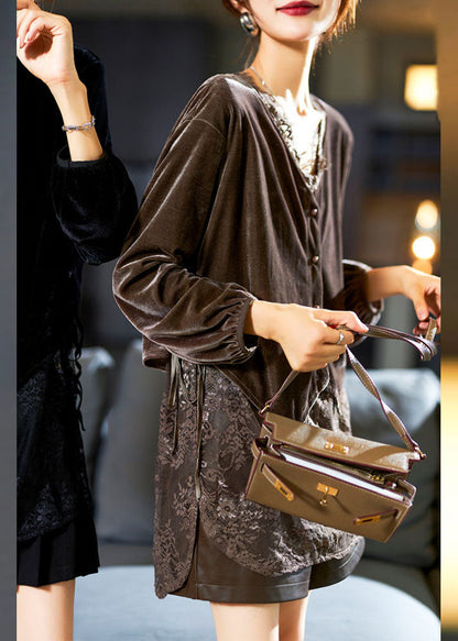 Black V Neck Lace Patchwork Silk Velour Top Long Sleeve