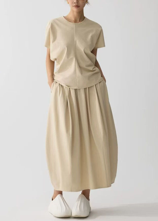 Khaki Oversized Wrinkled Cotton Two Pieces Set Summer