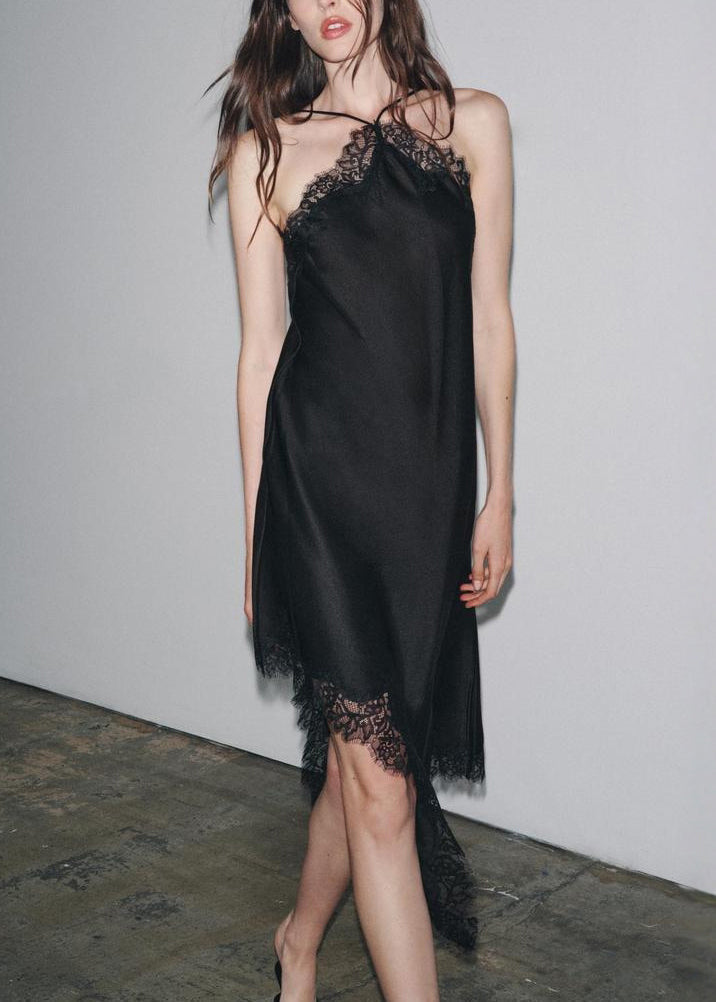 Black Asymmetrical Lace Patchwork Silk Dresses Sleeveless Summer