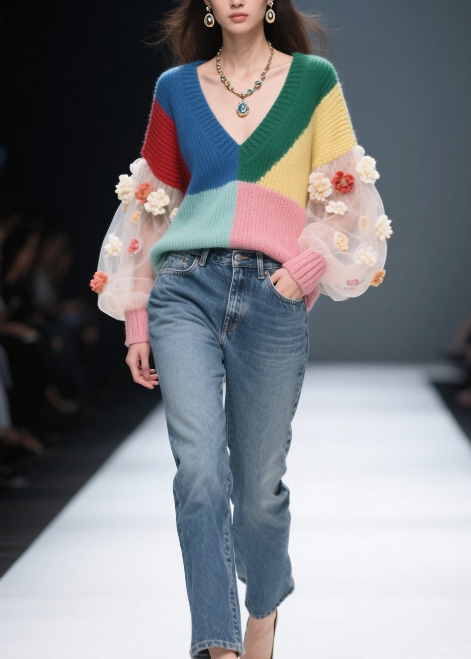Diy Colorblock V Neck Tulle Patchwork Knit Sweater Fall